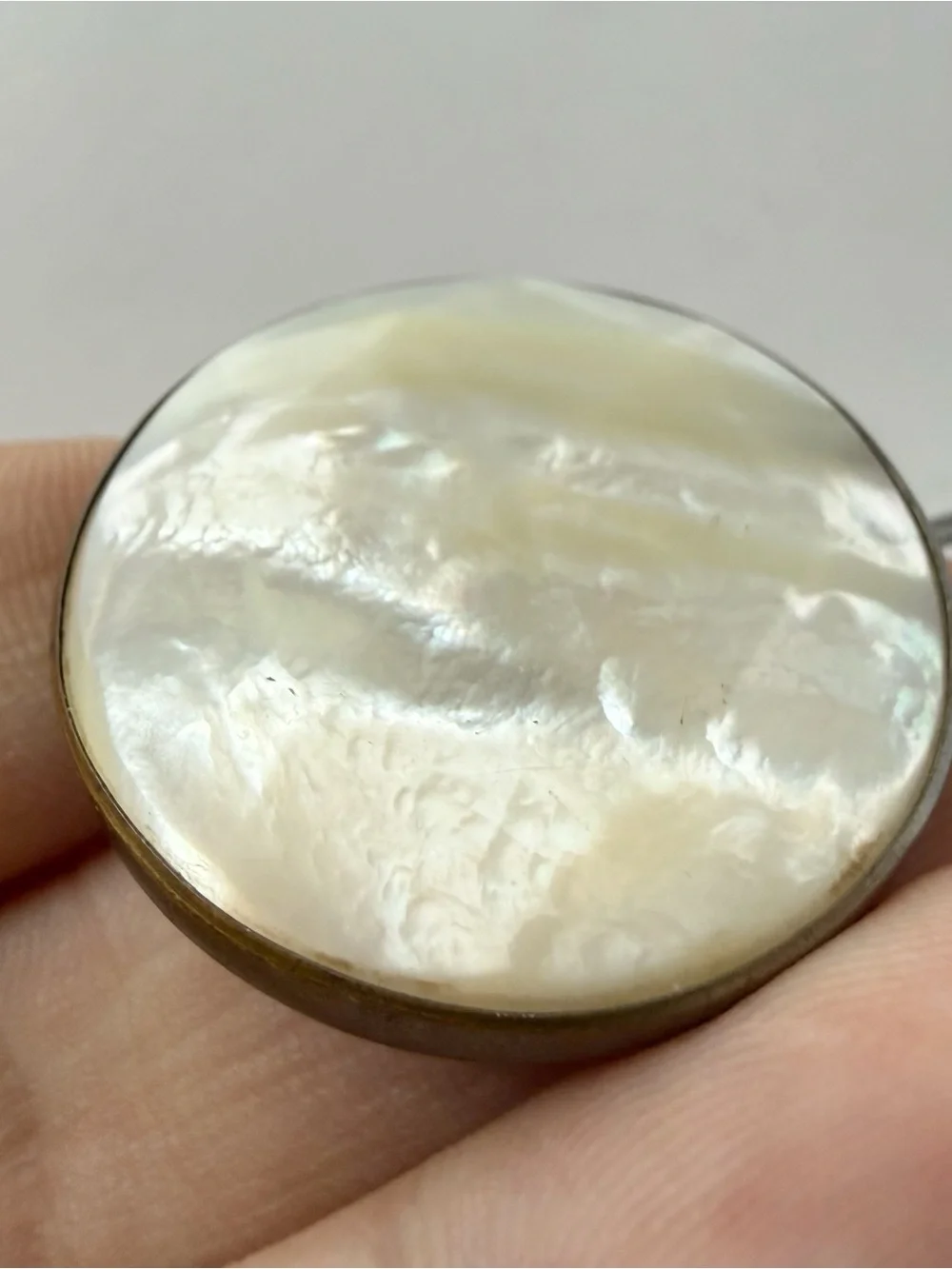 Antique Vintage Large Round Mother of Pearl Stick Pin Hat Lapel Pin